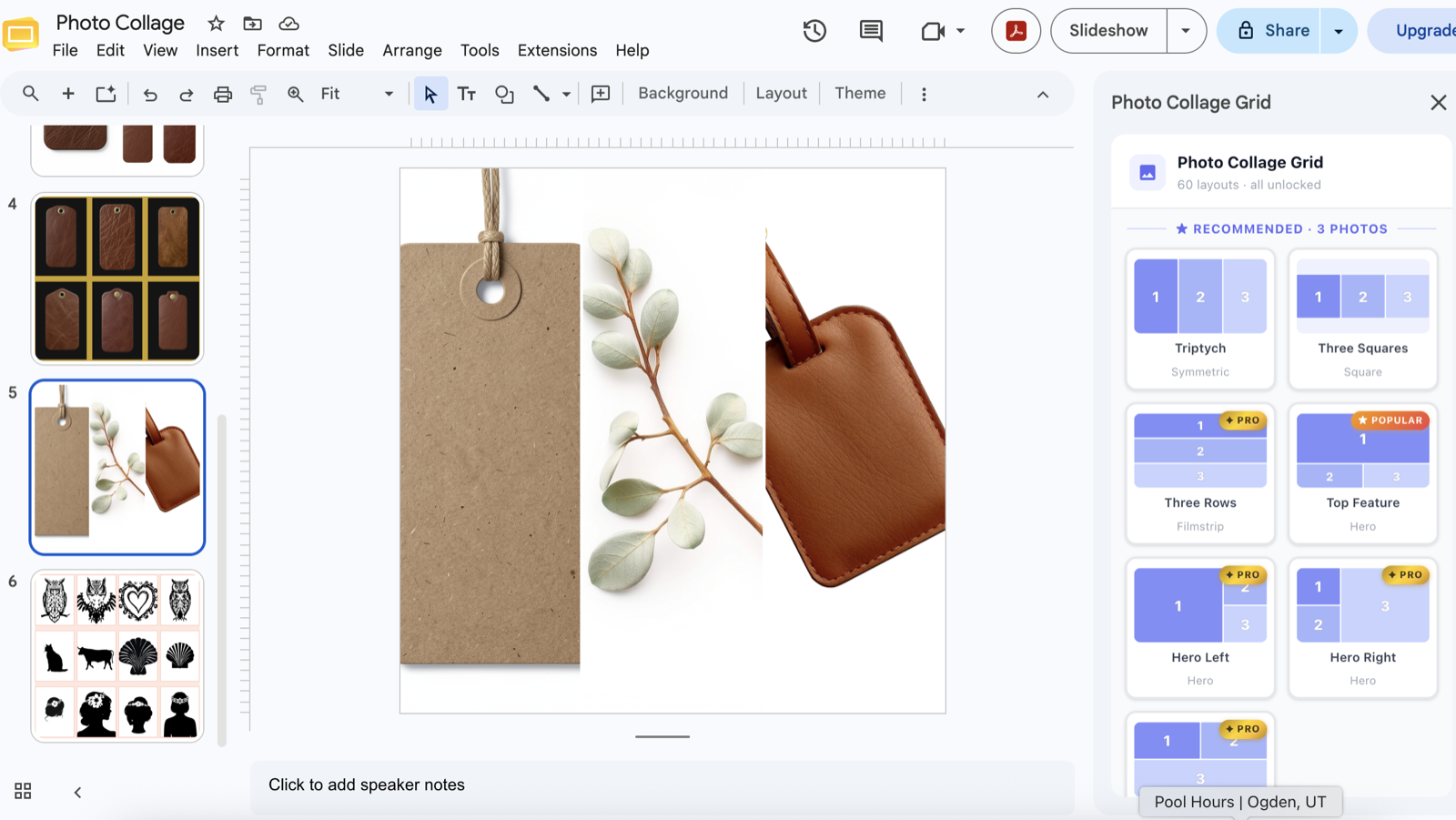 Photo Collage Grid open inside Google Slides™, showing a three-photo collage on the slide and the layout picker in the sidebar