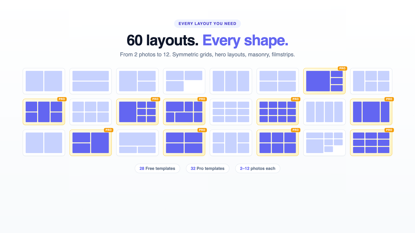A grid of the 60 collage layouts available, from simple two-photo splits to twelve-photo masonry grids
